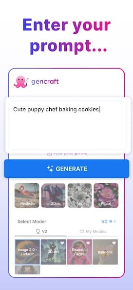 Gencraft app screen showing image generation choices